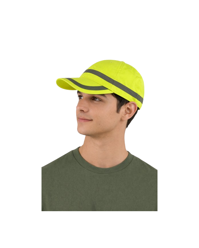 Gorra ajustable en alta visibilidad, diseño franja reflectante horizontal.