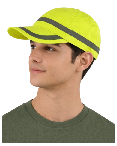 Gorra ajustable en alta visibilidad, diseño franja reflectante horizontal.